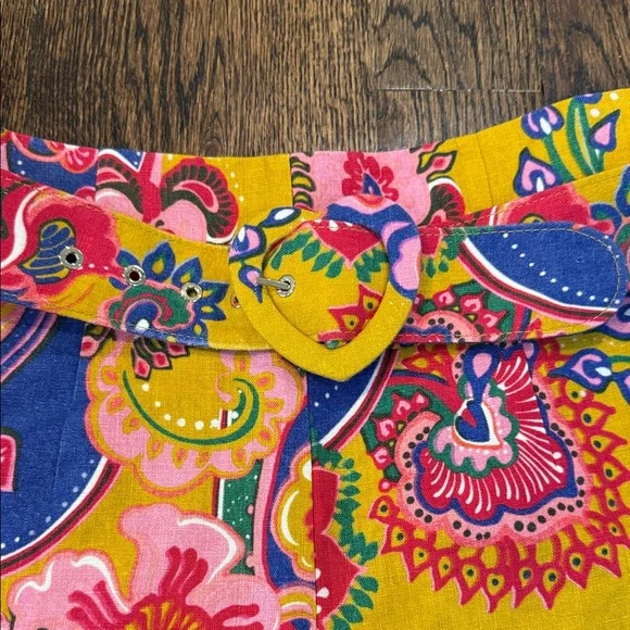 Zimmermann Lovestruck Belted Linen Shorts in Yellow Gold Paisley Size 2 / US 8